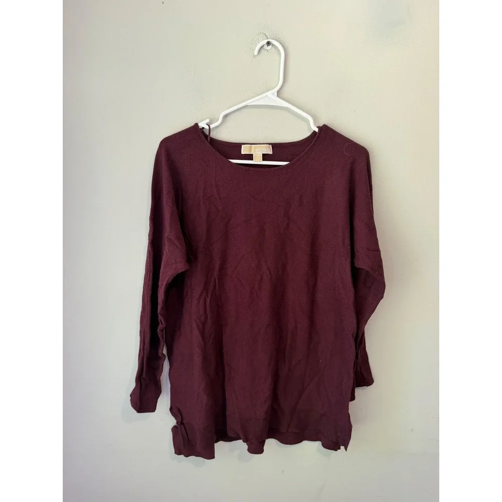 Michael Kors Womens Burgundy Long Sleeve Knit Sweater Gold Logo Plate Size L